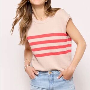 Evereve Beige and Red Striped Short Sleeve Tee
